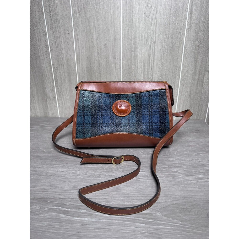 Vintage Dooney & Bourke All-Weather Leather Plaid Crossbody Bag Blue Green Brown